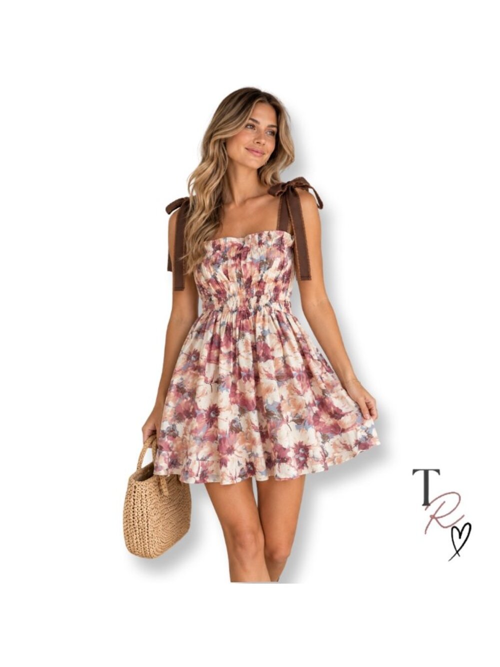 En Saison NWT Floral Cottagecore Coquette Ribbon Tie Smocked Mini Dress Medium